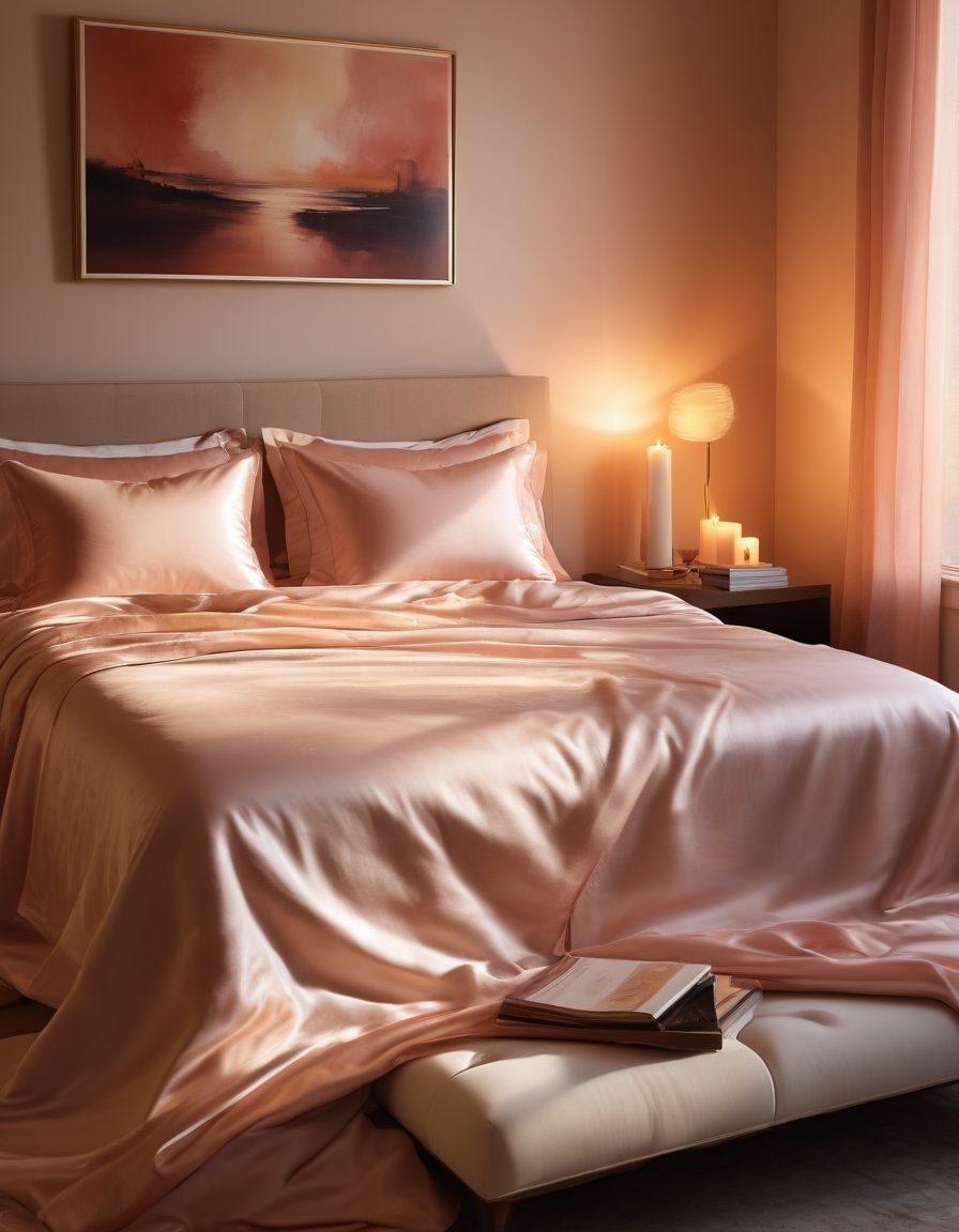 A sultry scene featuring a softly lit bedroom with silk sheets and subtle shadows, where a couple gazes into each other's eyes, conveying deep longing and connection. In the background, tasteful art featuring abstract forms that suggest intimacy and passion. Soft color palette, accessorized with candles and a hint of playful allure. super-realistic. warm tones. romantic ambiance.