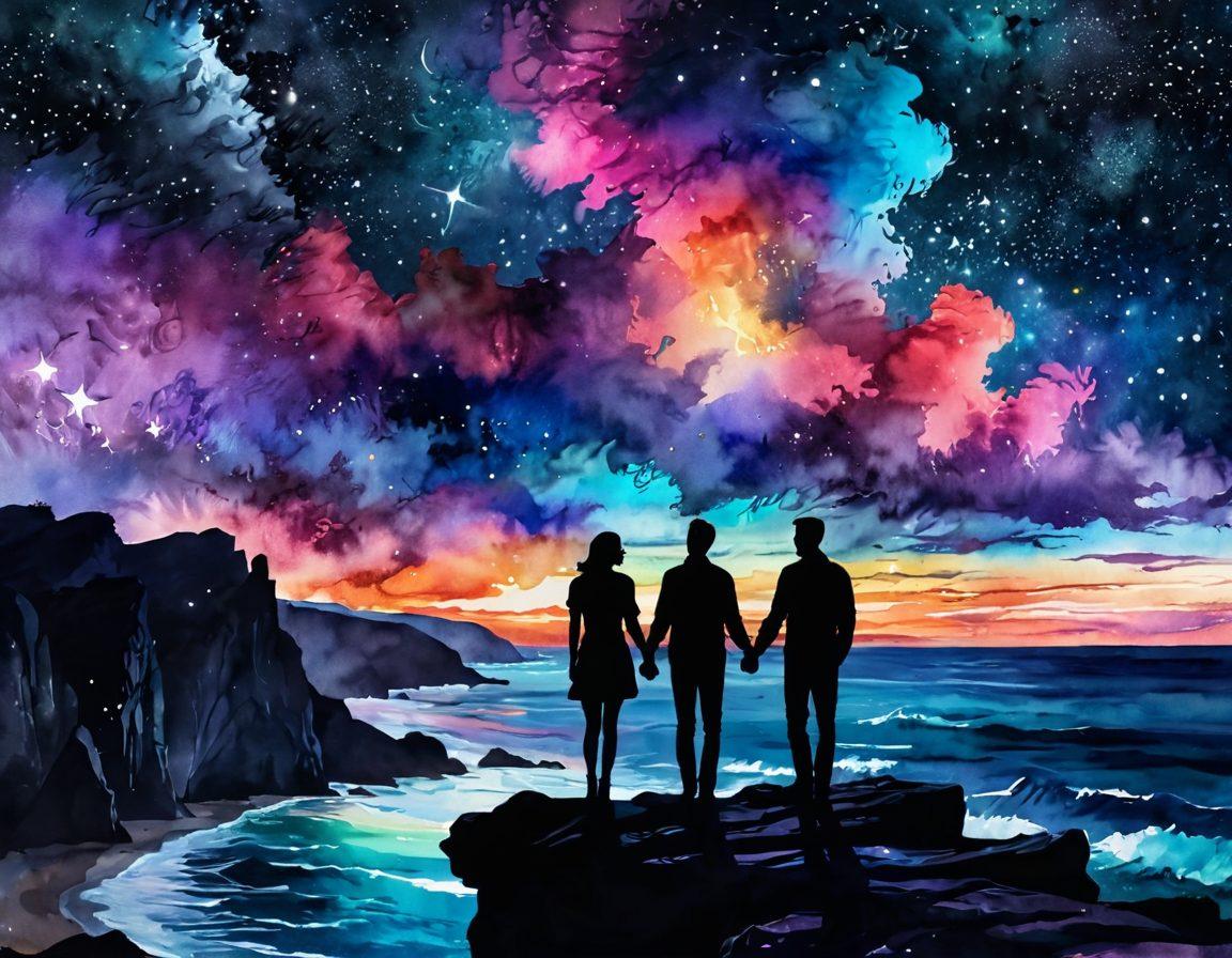 A beautiful silhouette of two lovers standing on a cliff under a starry night sky, surrounded by swirling clouds and hints of vibrant colors reflecting passion. Their hands almost touching, symbolizing forbidden romance, with a soft glow illuminating their faces. In the background, a vast ocean represents deep emotions and hidden desires. dreamlike and surreal, watercolor style, vivid colors, and a misty atmosphere.